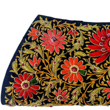 Load image into Gallery viewer, Designer black silk clutch bag hand embroidered with red silk flowers and embellished with ruby gemstones, zardozi work. 
