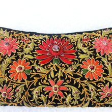 Load image into Gallery viewer, Hand embroidered red silk lotus flowers on black silk handbag inlaid with star ruby and ruby gemstones, zardozi embroidery. 

