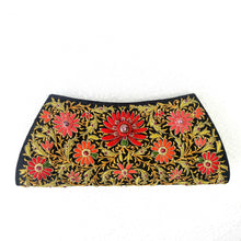 Load image into Gallery viewer, Luxury embroidered red floral silk evening clutch bag on black silk and embellished with star ruby and ruby gemstones, zardozi clutch.
