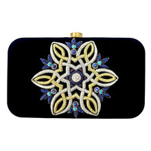 Load image into Gallery viewer, Luxury black velvet hard case clutch bag hand embroidered with gold and silver medallion and inlaid with lapis lazuli stones, zardozi purse. 

