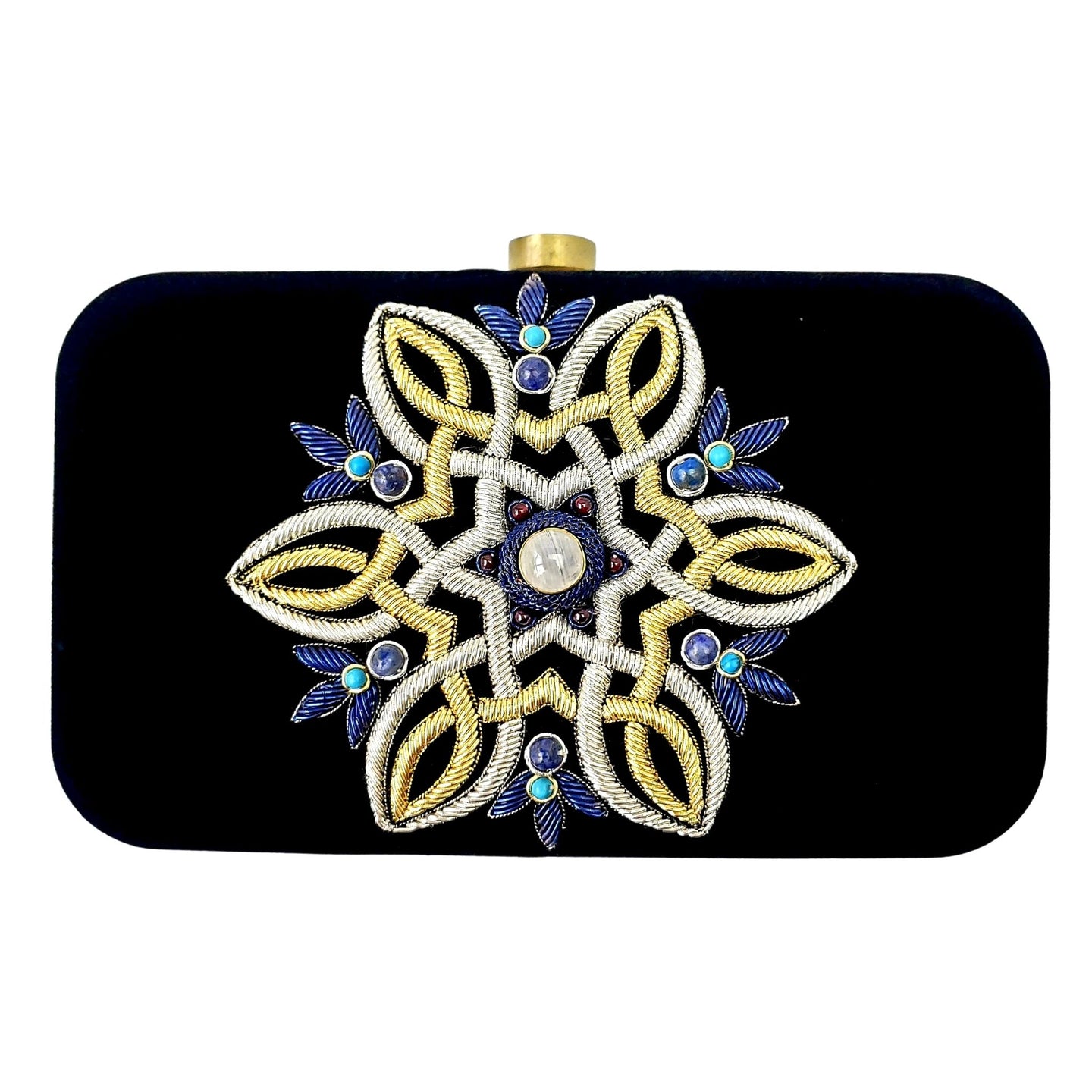 Luxury black velvet hard case clutch bag hand embroidered with gold and silver medallion and inlaid with lapis lazuli stones, zardozi purse. 