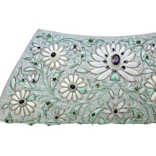 Load image into Gallery viewer, Designer gray clutch bag with white flowers and amethyst gemstone, zardozi purse. 
