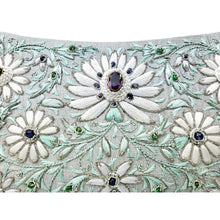 Load image into Gallery viewer, Wedding clutch bag embroidered with white flowers on gray silk and embellished with genuine amethyst and blue sapphire beads, zardozi evening bag, close up view. 
