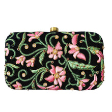 Load image into Gallery viewer, Embroidered pink floral clutch bag with garnet gemstones, zardozi clutch bag. 
