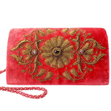 Load image into Gallery viewer, Velvet Clutch Embroidered with Copper Flower Medallion
