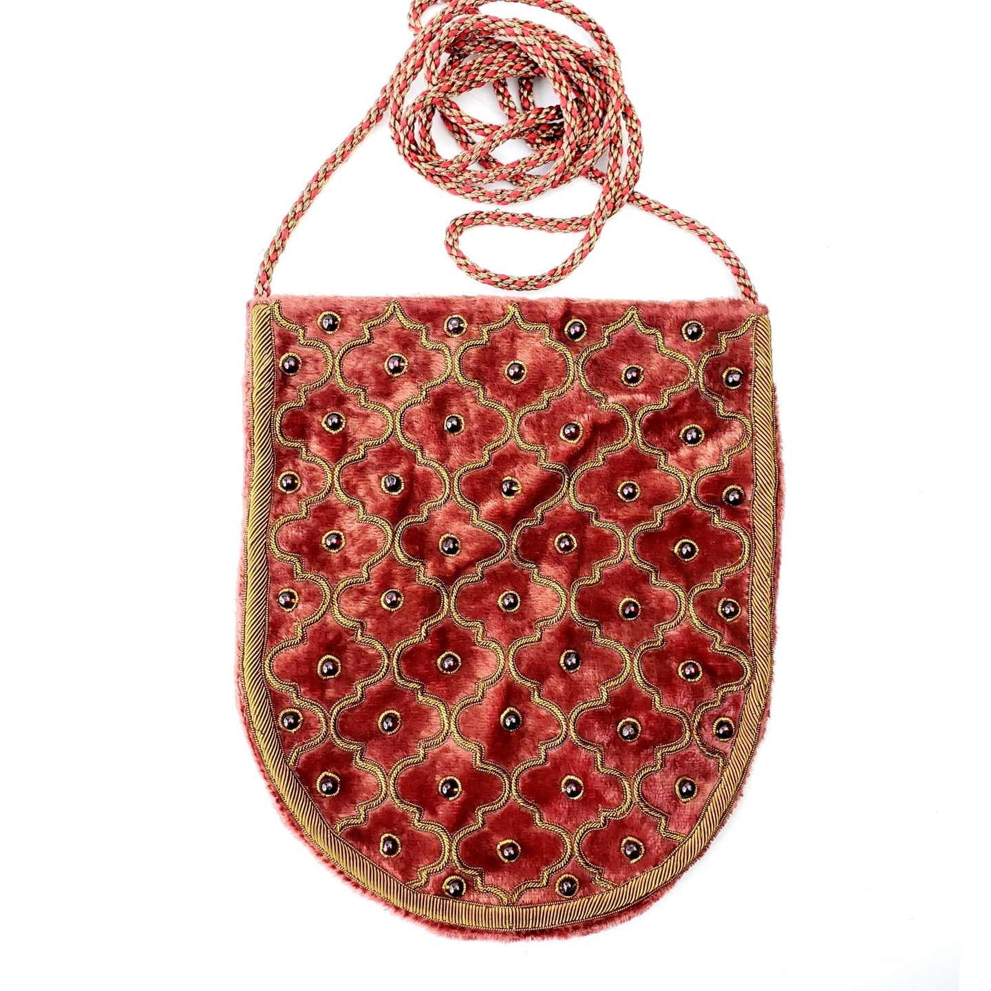 Hand embroidered luxury rust colored velvet crossbody bag with antique gold embroidery and inlaid with garnet gemstones, zardozi.
