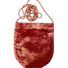 Load image into Gallery viewer, Rust colored crushed velvet crossbody bag with cord, rear view. 
