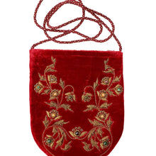 Load image into Gallery viewer, Luxury red velvet crossbody bag hand embroidered with antique gold metallic threads and inlaid with genuine semi precious stones, zardozi crossbody bag. 
