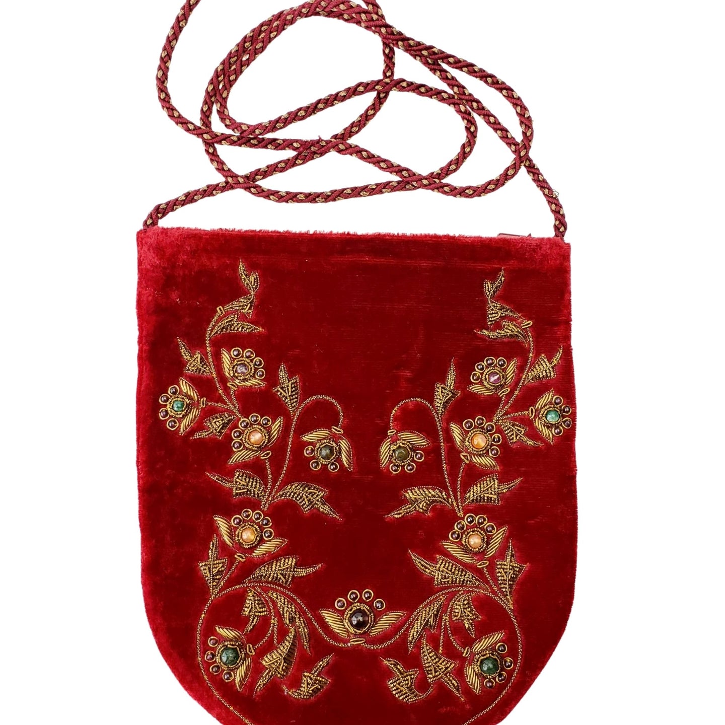 Luxury red velvet crossbody bag hand embroidered with antique gold metallic threads and inlaid with genuine semi precious stones, zardozi crossbody bag. 
