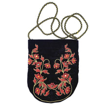 Load image into Gallery viewer, Black velvet slim crossbody bag hand embroidered with red and gold vines and flowers and embellished with semi precious stones, zardozi crossbody bag. 
