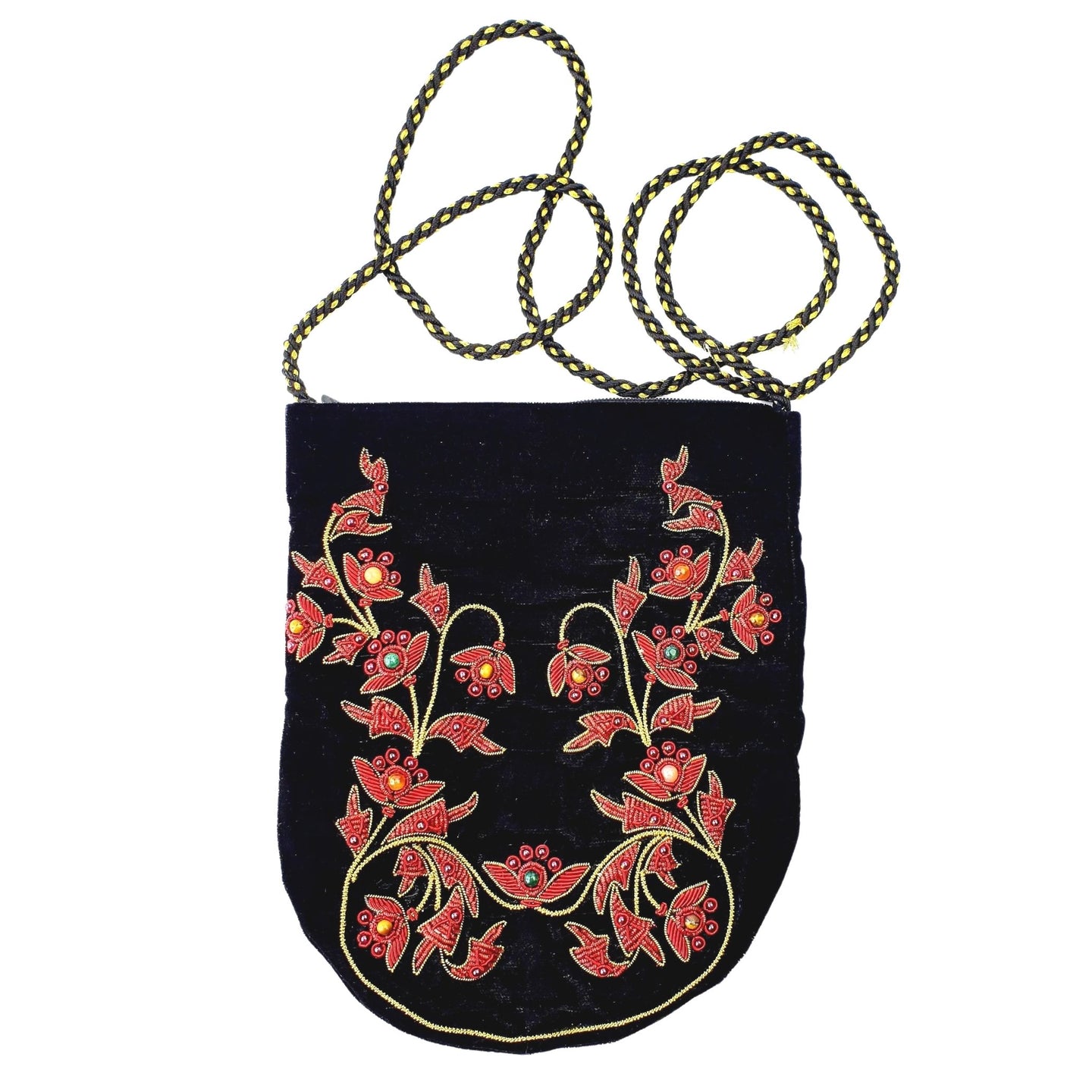 Black velvet slim crossbody bag hand embroidered with red and gold vines and flowers and embellished with semi precious stones, zardozi crossbody bag. 