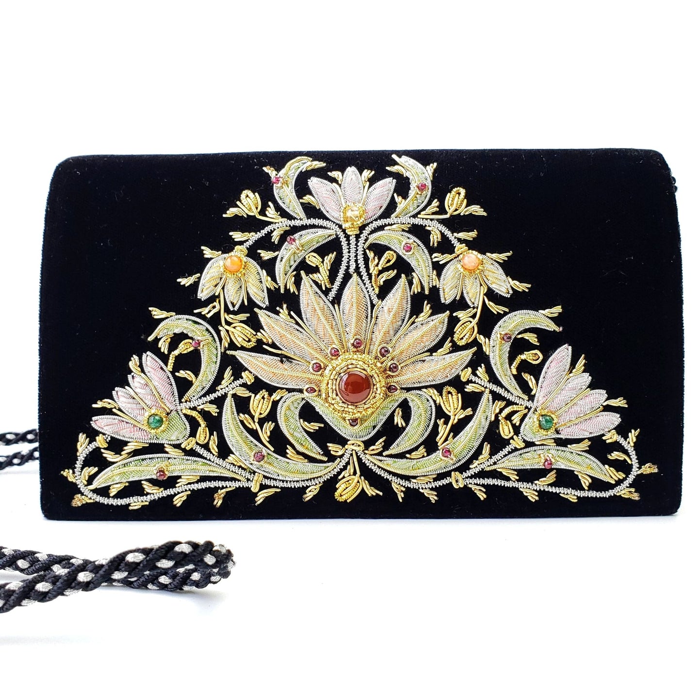 Luxury hand embroidered black velvet evening bag with pastel colored flowers and inlaid with jasper and garnets, zardozi purse. 