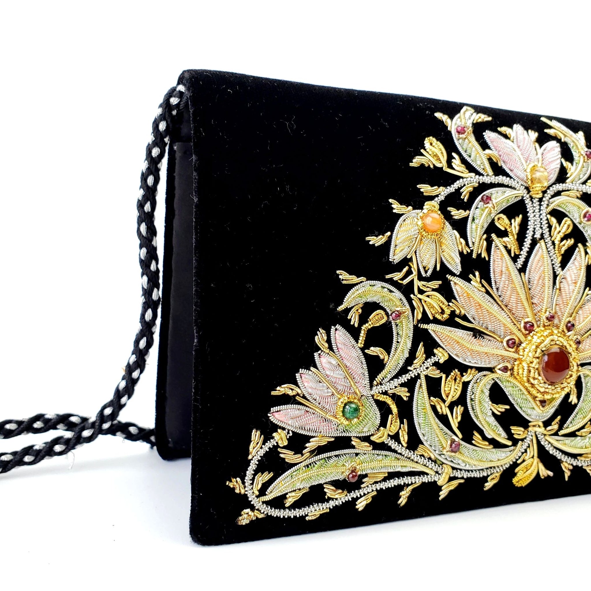 Embroidered evening purse with floral motif authentic on black velvet