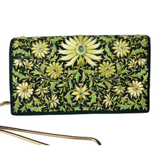 Load image into Gallery viewer, Hand embroidered green floral handbag with emeralds, zardozi .
