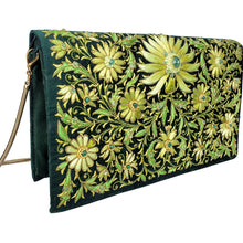 Load image into Gallery viewer, Formal green silk handbag hand embroidered with green silk flowers and embellished with emeralds, zardozi, side view.  
