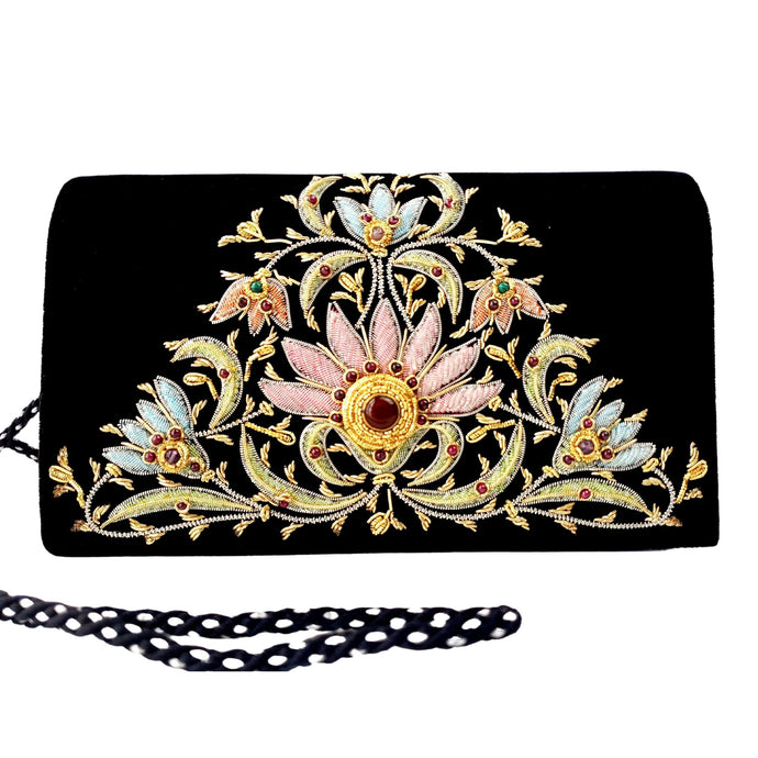 Hand embroidered luxury handbag with pink and blue pastel flowers and inlaid with semi precious stones, zardozi purse. 