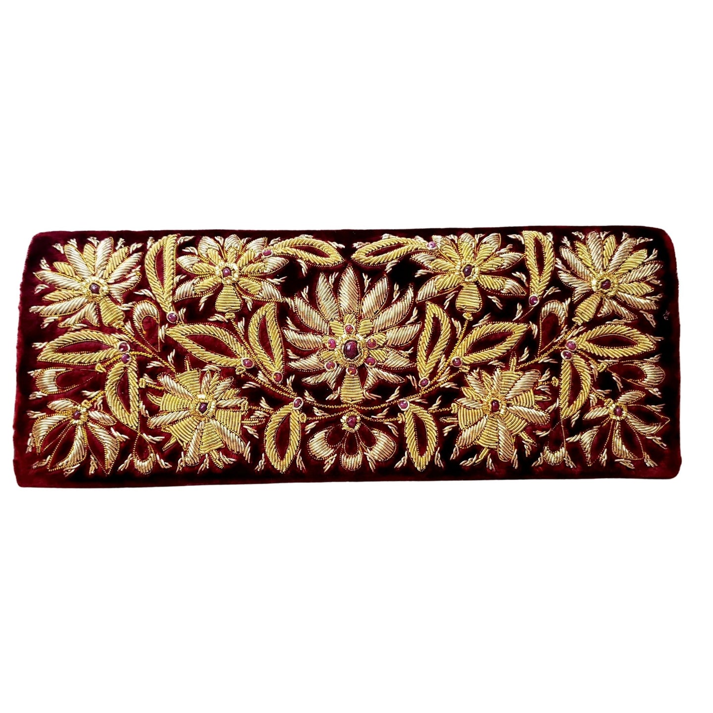 Luxury burgundy velvet clutch hand embroidered with goldwork and inlaid with rubies, zardozi clutch.
