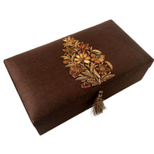 Load image into Gallery viewer, Exclusive brown silk memory box embroidered with brown flowers, zardozi. 
