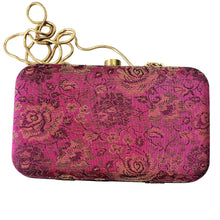 Load image into Gallery viewer, Designer pink silk box clutch hand embroidered in floral pattern, patterned back view. 
