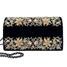Load image into Gallery viewer, Luxury black velvet clutch bag hand embroidered with pastel flowers and inlaid with semi precious stones, zardozi purse.
