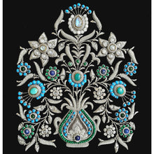 Load image into Gallery viewer, Unique three dimensional embroidered black velvet tapestry using turquoise, malachite, moonstone, lapis lazuli stones, gemstone home decor, close up view. 
