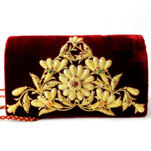Load image into Gallery viewer, Designer dark merlot colored handbag with gold floral embroidery, zardozi. 

