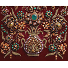 Load image into Gallery viewer, Vase detail of zardozi embroidered floral gemstone tapestry, close up view. 
