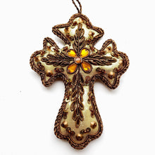 Load image into Gallery viewer, Hand embroidered gold cross hanging Christmas tree ornament with crystals and sequins. 
