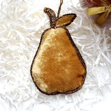 Load image into Gallery viewer, Hand embroidered and beaded velvet pear ornament, back view. 
