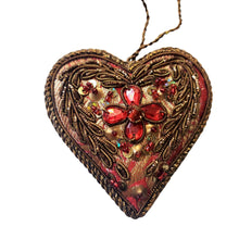 Load image into Gallery viewer, Hand embroidered red and copper colored brocade heart hanging ornament with red crystals. 
