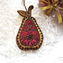 Load image into Gallery viewer, Hand embroidered pear ornament. 
