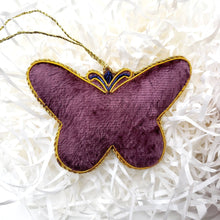 Load image into Gallery viewer, Hand embroidered Holiday ornament, mauve butterfly, reverse view. 
