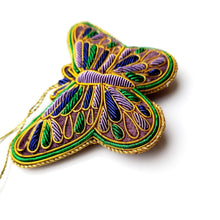 Load image into Gallery viewer, Hand embroidered velvet butterfly Christmas tree ornament in purple, green, gold.
