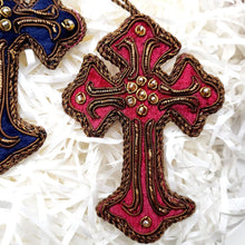 Load image into Gallery viewer, Hand embroidered pink velvet cross with gold beadwork, Christmas tree ornament. 
