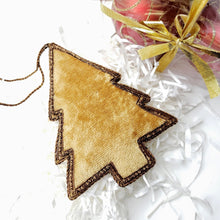 Load image into Gallery viewer, Hand embroidered gold and green velvet Christmas tree hanging ornament, back view. 
