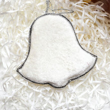 Load image into Gallery viewer, Embroidered white velvet and silver bell hanging holiday ornament, back view. 
