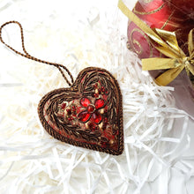 Load image into Gallery viewer, Hand embroidered red heart hanging ornament.
