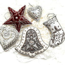 Load image into Gallery viewer, Set of five silver, white and burgundy hand embroidered hanging Christmas ornaments. 
