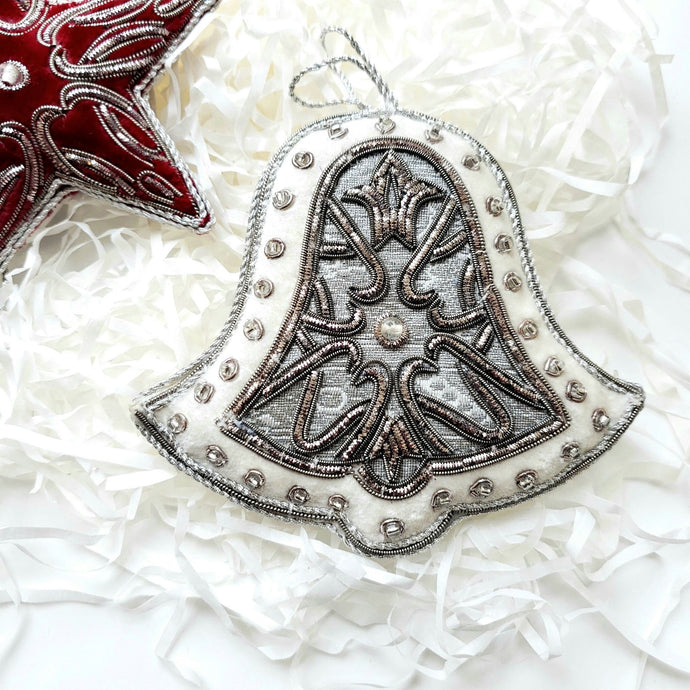 Hand embroidered silver and white velvet bell hanging holiday ornament. 