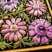 Load image into Gallery viewer, Hand embroidered bridal keepsake box inlaid with semi precious stones, close up view. 

