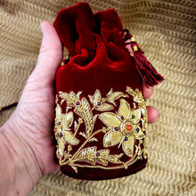 Load image into Gallery viewer, Hand embroidered red velvet and gold drawstring pouch bag, jewelry travel pouch.
