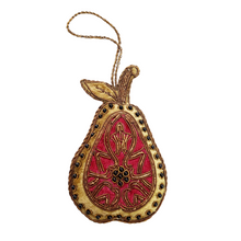 Load image into Gallery viewer, Embroidered Pear shaped hanging Christmas decoration. 
