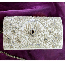 Load image into Gallery viewer, Luxury white silk bridal clutch with silver metallic finish and amethyst stone.
