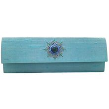 Load image into Gallery viewer, Turquoise silk rectangular clutch with embroidered medallion, zardozi purse. 
