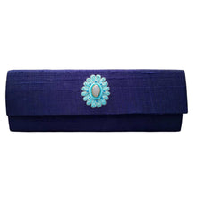 Load image into Gallery viewer, Navy blue rectangular slim silk clutch, zardozi purse.
