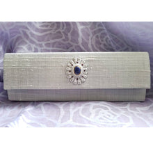 Load image into Gallery viewer, Dupioni Silk Slim Clutch with Flower Medallion
