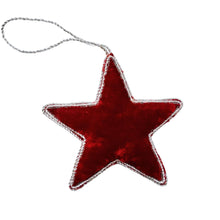 Load image into Gallery viewer, Hand made burgundy and silver star holiday ornament, rear view. 

