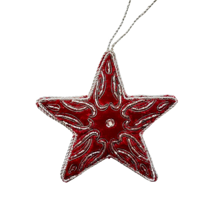 Burgundy red velvet and silver star ornament for Christmas tree, wreath or gift tag.