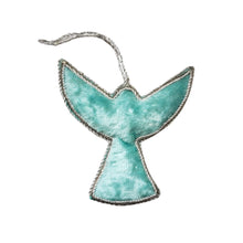 Load image into Gallery viewer, Handmade angel Christmas hanging ornament, back view, blue velvet. 
