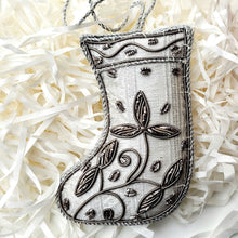 Load image into Gallery viewer, Hand embroidered silver Christmas tree or wreath stocking hanging ornament. 
